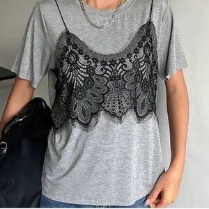 NWT DAZY Grey T-Shirt With Lace Bralette Overlay